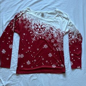 Women's Red and White Snowflake Top